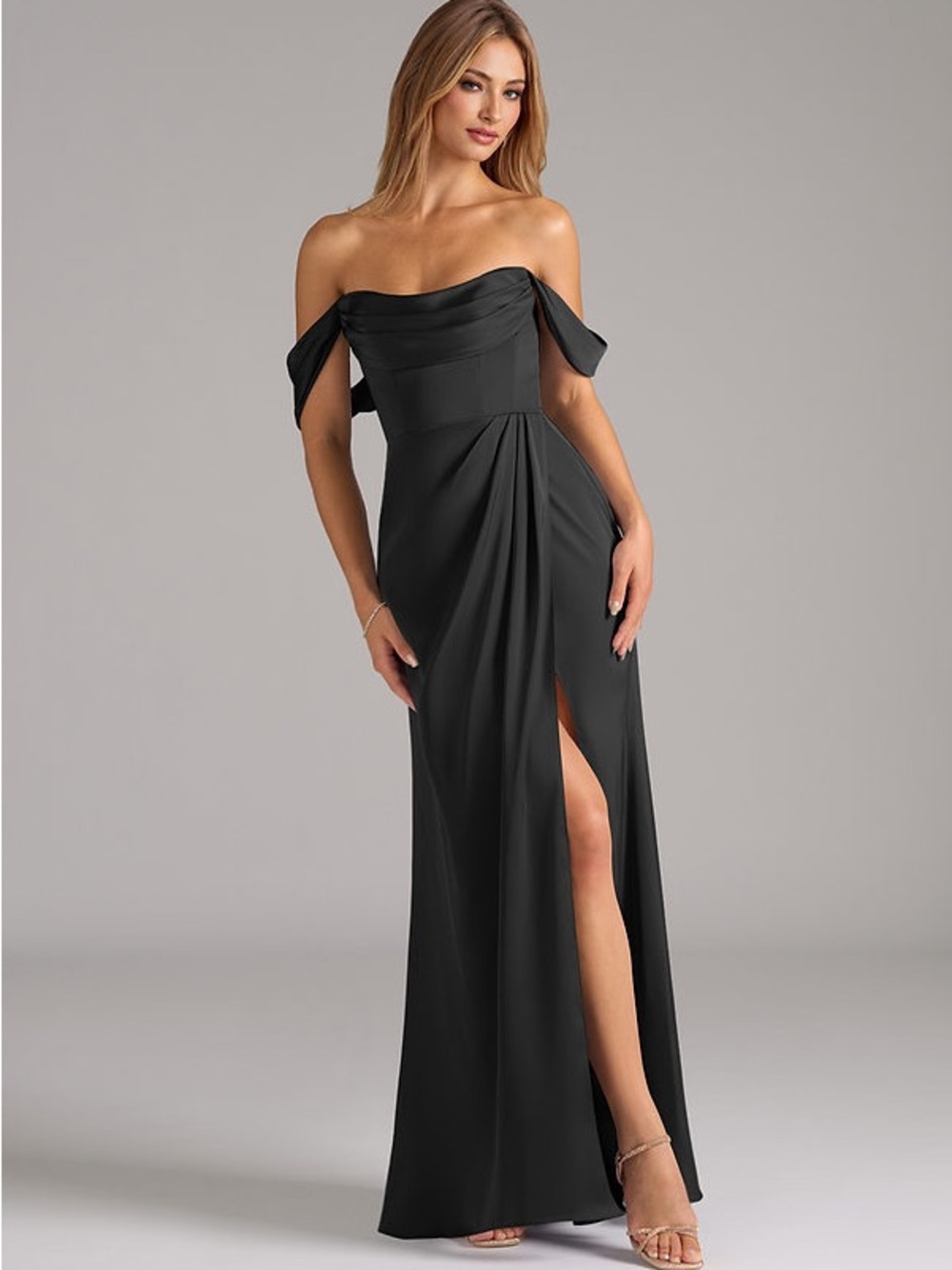 Azazie Johana Black Satin Stretch